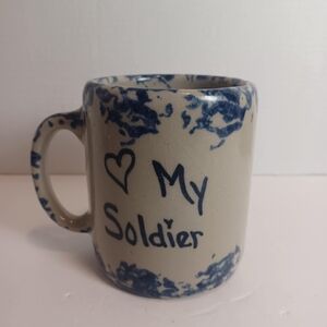 "Heart" My Soldier Ceramic Stoneware Coffee Mug Blue‎ Speckled Handmade Signed
